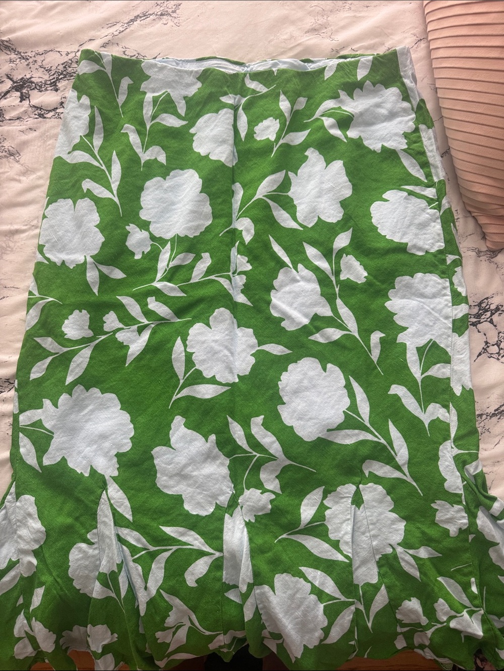 Green Floral Pencil Skirt with White Blossom Print